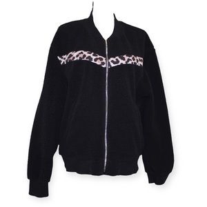 Zyia Active Sz XL  Black Flying V Leopard Print Sherpa Fleece Full Zip Jacket